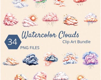 Watercolor Clouds Clip Art Bundle: PNG Graphics (Digital Download)
