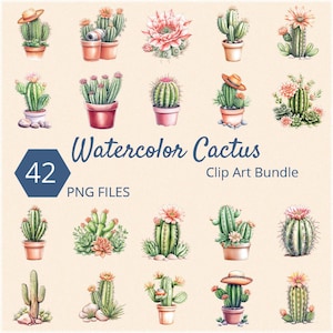 Watercolor Cactus Clip Art Bundle, 42 PNG Files, Digital Download, Transparent Background, 300 dpi, 4000x4000 px, Cactus Art Collection