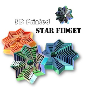 May include: 3D printed star-shaped fidget toys in orange, green, and blue. The image includes the text "3D Printed STAR FIDGET" in black. These colorful, layered star designs are likely intended for stress relief or sensory play.