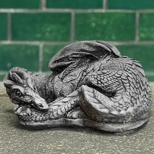 Concrete dragon statue Stone curled scary figurine Outdoor animal ornament Large dragon decoration Garden wildlife sculpture Handmade dragon