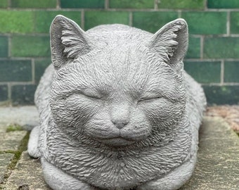 Estatua de gato de piedra Adorno para exteriores Escultura de gatito Decoración para jardín Memorial de hormigón para gatos Figura de mascota para patio Gato acostado Animal lindo