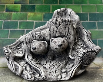 Hedgehog couple in burrow statue Hedgehog family figurine Woodland animal sculpture Stone hedgehogs in hole ornament Forest decoration