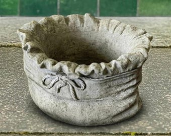 Concrete bag planter decor Garden sack flower pot Handcrafted outdoor planter figurine Stone plant pot ornament Cement plant holder art gift