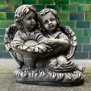 Outdoor Angel couple statue Stone garden angels with flower Romantic cement figurine Concrete memorial decoration Peaceful yard sculpture