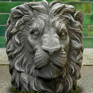 Enorme estatua de león para maceta. Figura de león de piedra para maceta. Escultura de jardín. Decoración de exterior con forma de león. Adorno de jardín hecho a mano.