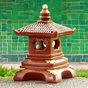 Red and gold pagoda statue Concrete temple lantern Handmade inspired sculpture Outdoor zen decor Cement garden ornament Meditation art gift