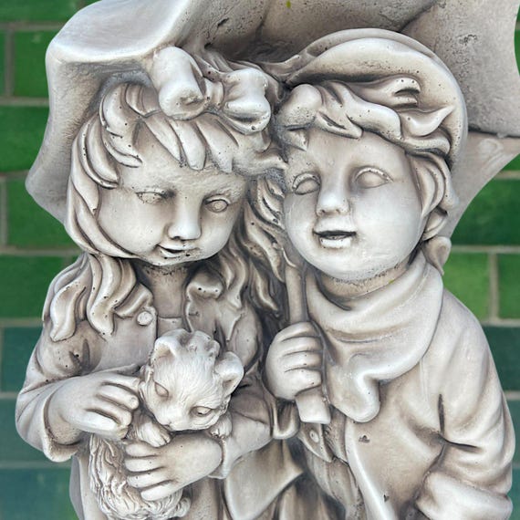 Boy and Girl Under Umbrella Statue Romantic Garden Sculpture Stone