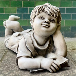 Concrete reading boy statue Stone young boy sculpture Outdoor child figurine Cement memorial children art Handmade garden decoration