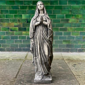 Holy Virgin Mary cement statue Garden Madonna figurine Spiritual outdoor decoration Catholic yard ornament Handmade sculpture Easter gift