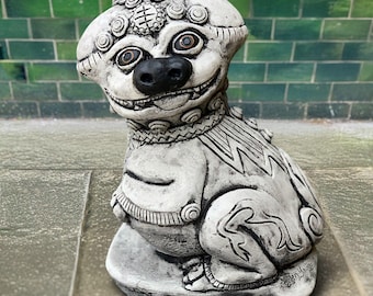 Stone foo dog statue Oriental guardian lion Concrete chinese dog Feng shui decor Mystical garden sculpture Cement temple guardian art