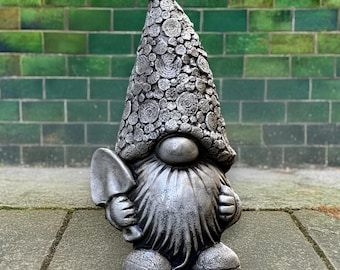 Garden gnome with shovel figurine Concrete gnome sculpture Handcrafted whimsical decoration Outdoor fantacy garden ornament Gnome art gift