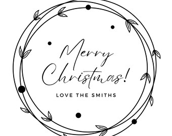 May include: A circular black and white design with the words "Merry Christmas!" in elegant script. The text is surrounded by a wreath of leaves and dots, with the words "LOVE THE SMITHS" below.