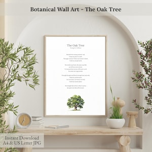 Botanical Wall Art, Oak Tree Art, Printable Poem Wall Art, Poetry Print, Encouragement Gift, Inspirational Tree Poetry
