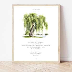 May include: A framed wall art print featuring a watercolor illustration of a willow tree by a body of water. The text reads: The Willow. She moves with the wind, never against it. Her branches shelter the small and the weary, and her leaves kiss the water as if to calm it. In her presence, everything softens - even me.
