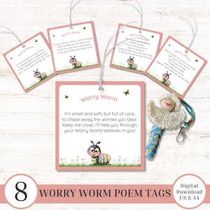 Sorgen-Wurm-Gedicht zum Ausdrucken, Set mit 8 rosa quadratischen Geschenkanhängern, niedlicher kleiner Wurm