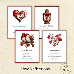 May include: Four rectangular cards with red borders, each featuring a watercolour illustration and text. The cards show a heart, a lantern, two birds, and a heart-shaped floral arrangement. Text includes "Love Reflections" and phrases like "For the Love That Stays".