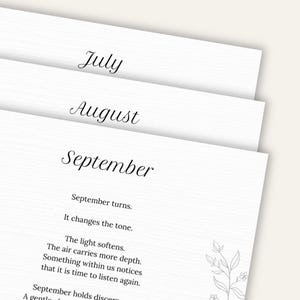 May include: Three white paper sheets with the months July, August, and September printed in a cursive font. The September sheet includes a poem about the season and a floral illustration.
