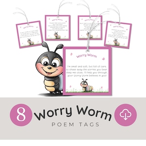 Etiquetas imprimibles de Worry Worm, tarjetas con poemas cuadrados de color rosa brillante para regalos, consuelo para niños y adultos