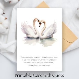 Tarjeta de amor imprimible, cisne de acuarela con cita, tarjeta imprimible plegable de 5 x 7, tarjeta romántica, de aniversario, de boda o de San Valentín