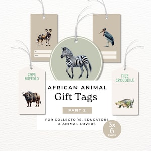 Etichette stampabili, Animali africani parte 2, Etichette rettangolari, regalo e rotonde, tre set da 6, AF01