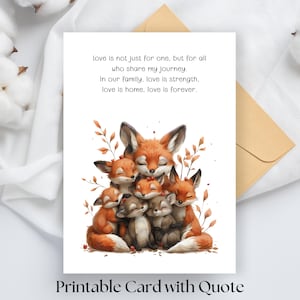 Tarjeta familiar de zorros en acuarela, tarjeta plegable imprimible de 5 x 7, conmovedora tarjeta de amor familiar, aniversario, día de la madre, día del padre