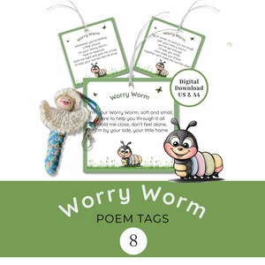 Sorgenwurm druckbare Tags, grüne quadratische Gedichtkarten für Geschenke, Komfort für Kinder und Erwachsene