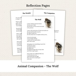 May include: A stack of white paper pages with text and illustrations. The pages are titled "Reflection Pages" and include text about "The Wolf" and "The Companion." The image features a watercolor illustration of a wolf.