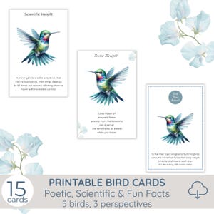 Murmures d'oiseaux : un trio de perspectives, 15 cartes d'oiseaux imprimables, pensées poétiques, informations scientifiques et faits amusants, mini impression inspirée de la nature