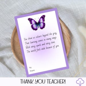 Tarjeta imprimible de agradecimiento al maestro con poema sobre la mariposa y poema creativo.