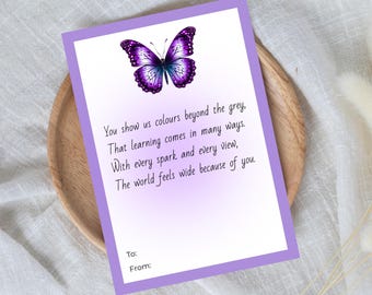 Printable Teacher Appreciation Poem Card, Butterfly Theme, Wisdom Poem