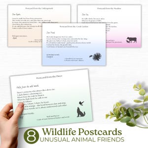 Postkarten aus der Wildnis, druckbare Tiergeschichtenkarten, von der Natur inspirierte Mini-Postkarten, Lerntierkarten, digitaler Download