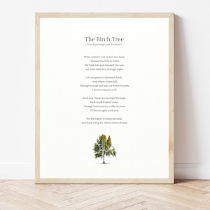 Lámina decorativa con poema sobre un abedul, ideal para decorar la pared (descarga digital).