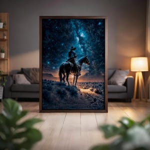 Sternenklare Nacht Cowboy Leinwand Wandkunst, Lone Rider Unter der Galaxie Wanddekor, Reiter und Sternenhimmel Wüstenhimmel Wandkunst