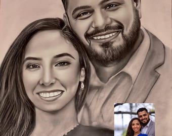 May include: A black and white pencil drawing of a couple. The woman is on the left and the man is on the right. They are both smiling. The drawing is framed by a white border. There is a smaller image of the couple in the bottom right corner of the drawing.
