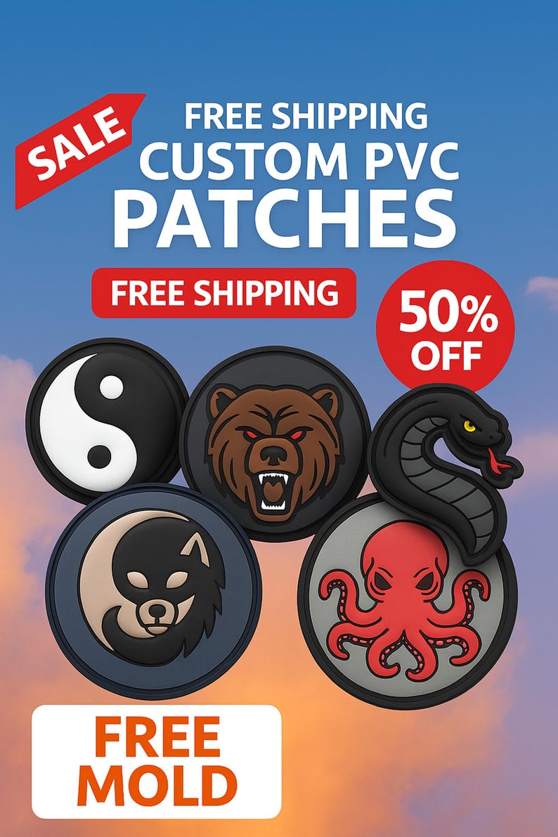 Custom PVC patches set with free mold offer and bold sale text.

Durable soft rubber PVC patches in various designs on sky background.

Personalized PVC patches with free shipping and 50% off promotion.

Unique custom-made PVC patch designs including animal and symbol art.

High-quality 3D PVC patches for clothing, bags, and accessories.