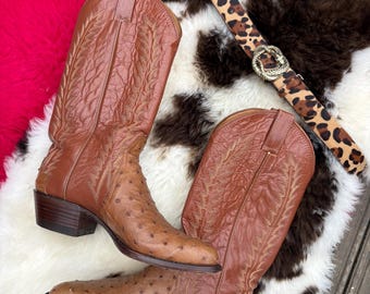 Botas vaqueras vintage de piel de avestruz / Estilo vaquero western color tostado, talla UK 7