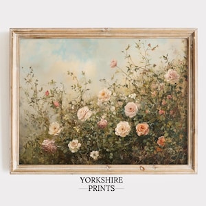 Pintura al óleo romántica de jardín de rosas, arte floral vintage para pared, arte floral shabby chic, estampado de flores vintage, pintura de flores antigua, arte de rosas