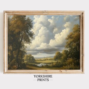 Könnte beinhalten: Ein gerahmtes Landschaftsgemälde, das einen üppigen grünen Wald mit einem Fluss zeigt, der sich durch ihn schlängelt. Der Himmel ist mit fluffigen weißen Wolken gefüllt, die ein Gefühl von Frieden und Ruhe vermitteln.