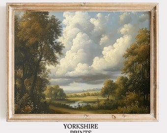Vintage English Countryside Oil Painting: Rustic Farmhouse Landscape (Printable Wall Art)