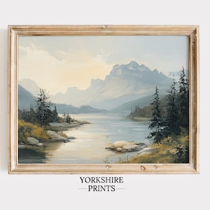 Mountain Lake Wall Art Printable | Digital Download Nature Landscape | Rustic Cabin Decor | Lake and Pine Tree Painting | Farmhouse Wall Art