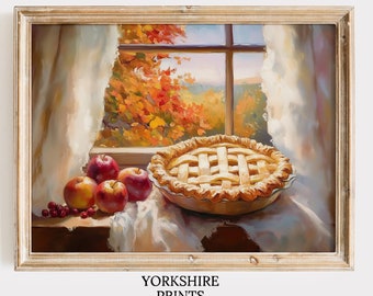 Vintage Apple Pie Oil Painting, Moody Autumn Kitchen Print, Fall Wall Decor