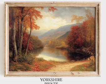 Vintage Fall Landscape Print, Moody Autumn Forest Oil Painting Digital Download