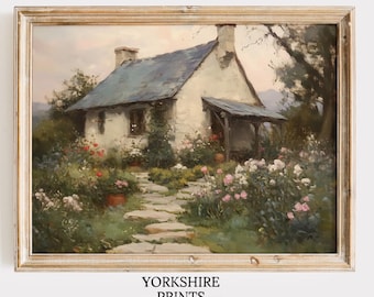 Cottage Garden Print, Vintage Farmhouse Oil Painting, Spring Wall Art Printable