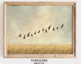 Birds in Flight Print, Minimalist Landscape, Rustic Farmhouse, Vintage Animals Wall Art
