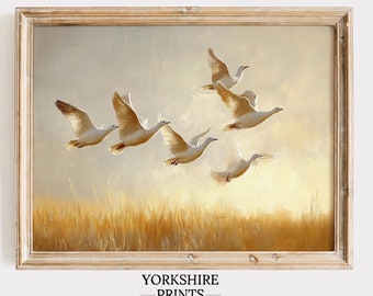 Goose Flying Painting, Rustic Farmhouse Wall Art Digital Download, Vintage Birds Decor