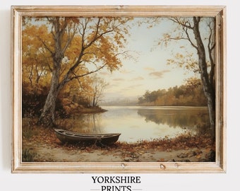 Vintage Autumn Lake Painting: Warm Tone Fall Landscape (Digital Download)