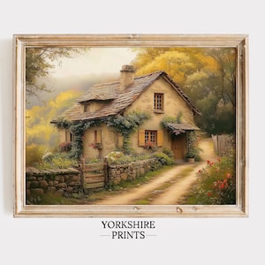 Printable Cottage Wall Art, Vintage Country House Digital Print, Rustic Farmhouse Decor, Cottagecore Wall Art, Cozy Autumn Cottage Painting