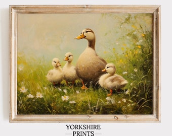 Vintage Duck Family Print: Spring Wildflower Art (Digital Download)