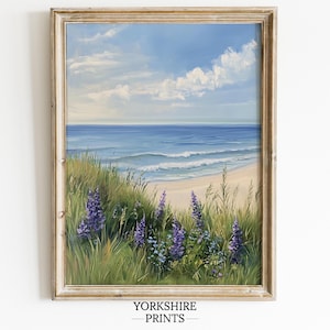 Serene Beach Oil Painting: Coastal Wildflower Wall Art (Digital Download)