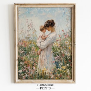 野の花畑の母と子、印刷可能な保育園の壁アート、印象派の花のアート、即時ダウンロード可能なデジタルプリント、母性プリント
